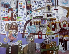 Original Picasso Inspired Surrealist Figures and Fantasy Cityscape Oil Painting