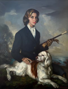 Large Spanish Portrait of a Young Woman with Hunting Dog Original Oil Painting