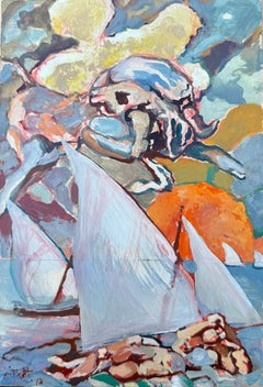 Paisaje marino surrealista mediterráneo original con velas latinas, óleo de Cadaqués