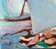Paisaje marino surrealista mediterráneo original con velas latinas, óleo de Cadaqués