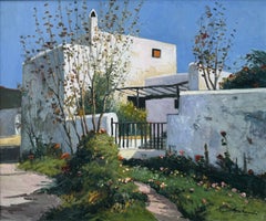 Original Mediterranean Mallorcan House and Garden Modernist Oil Painting Spain
