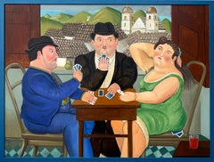 Large Figurative Card Players Oil Painting Latin American Modern Art