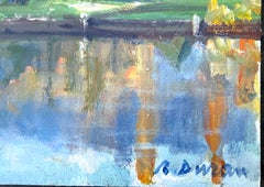 Mediterranean Lake Landscape with Autumn Trees Reflections Spanish Modern Art
