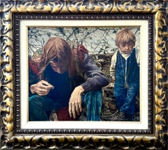 Pintura realista española original: «Mujer hippie y niño», arte figurativo de los años 80