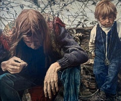 Pintura realista española original: «Mujer hippie y niño», arte figurativo de los años 80