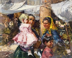 Peinture à l'huile impressionniste espagnole originale représentant des femmes et des enfants d'Ibiza, XXe siècle