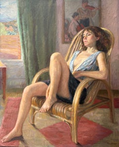 Resting Woman in Wicker Chair, Large Spanish Post-Impressionist Oil Painting
