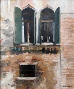 Fenster im venezianischen Gotikstil – Original-Ölgemälde aus Venedig, italienische Architektur