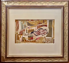 Brooklyn Bridge NYC American Modern Abstract Realism mid 20th Century WPA Cubist