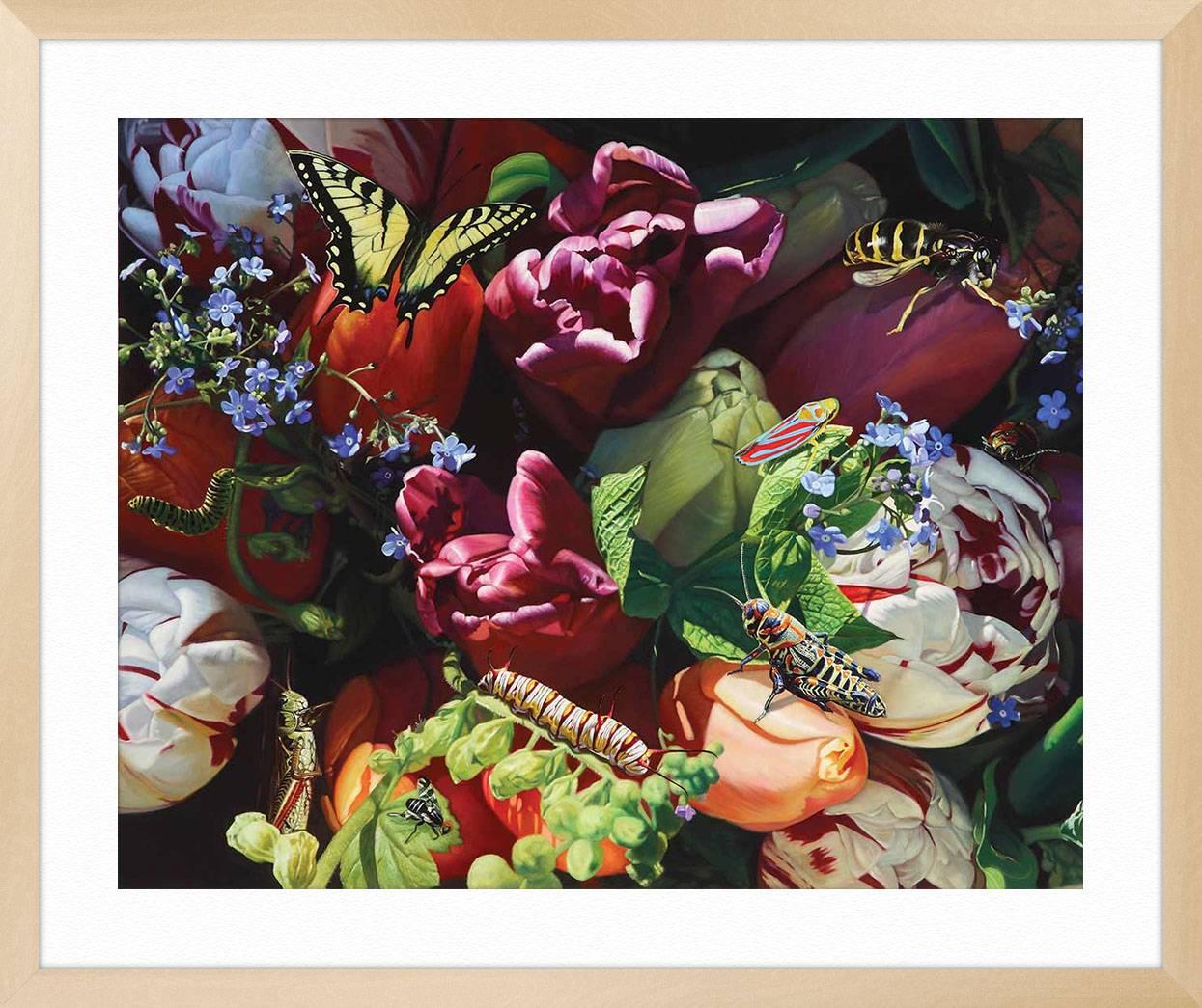 ABOUT THIS PIECE: Dennis is known for his hyper naturalistic, highly detailed and obsessively delineated paintings that explore the subversive potential of beauty and pleasure. Fresh and unconventional, The Exuberant Garden depicts a fantastically