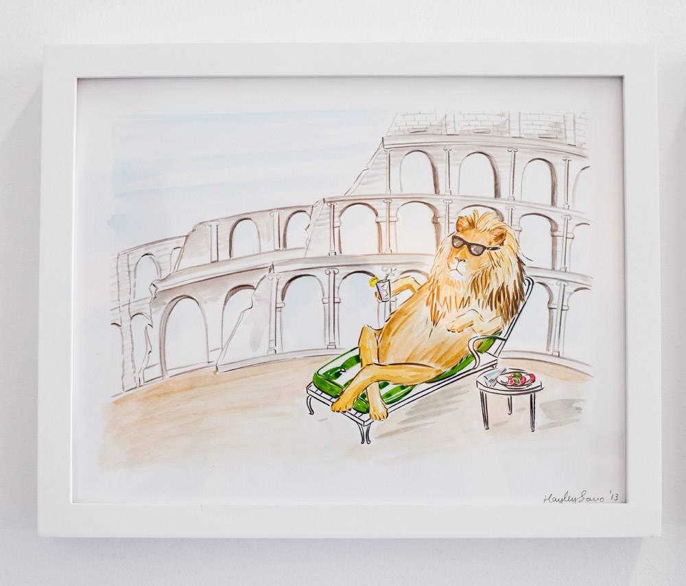 ORIGINAL WATERCOLOR: Lion Relaxing by the Colosseum - Art by Hayley Sarno