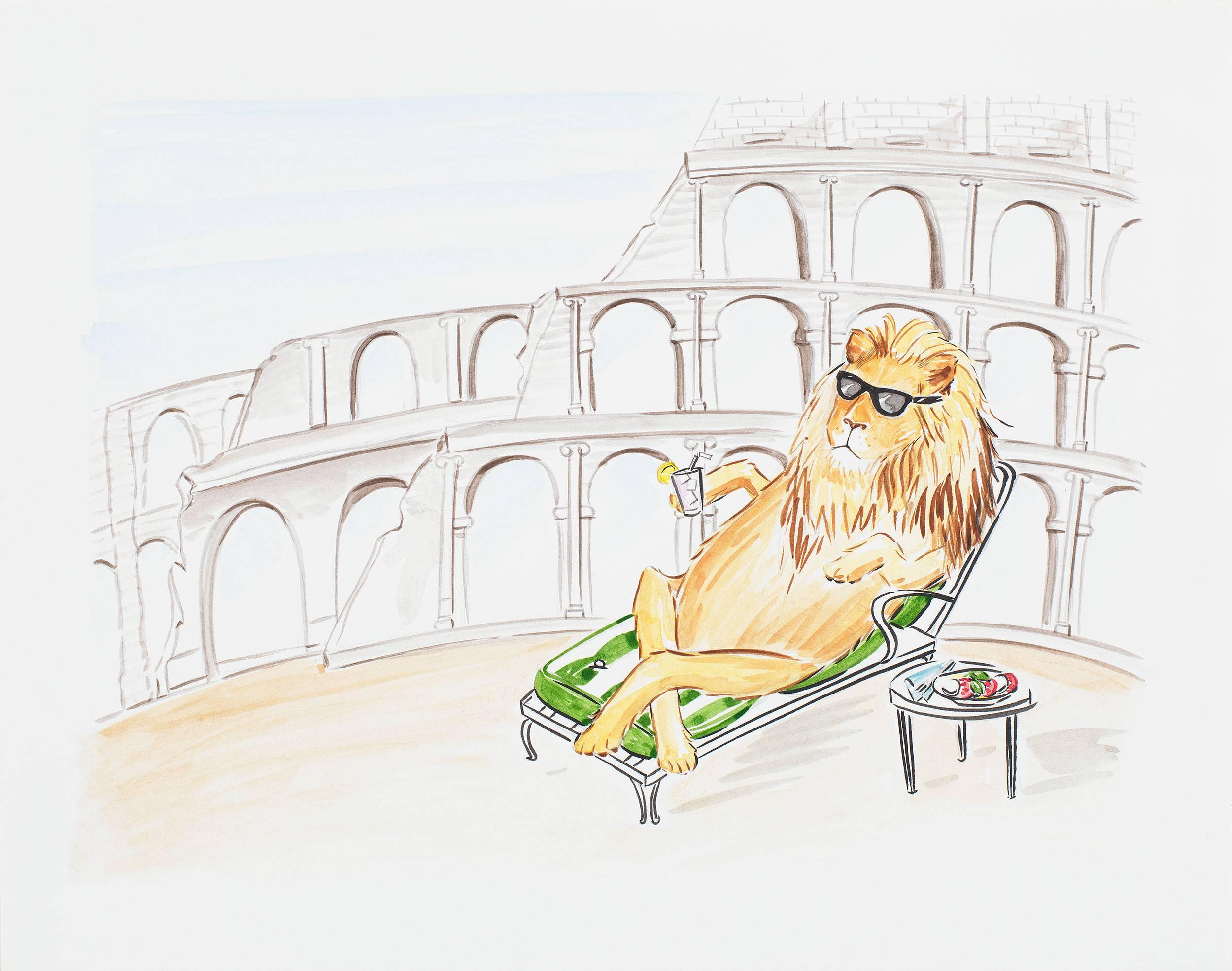 WATERCOLOR D'ORIGINE : Le lion se détend au Colosseum