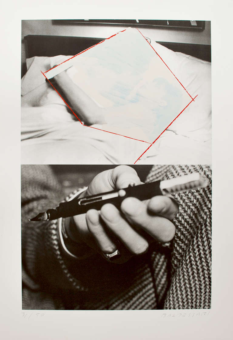 Man and Woman in Bed, Obliterated; Hand Holding Fountain - Print by John Baldessari