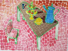 Tan Table with Green Pitcher and Chair (Pink Background)