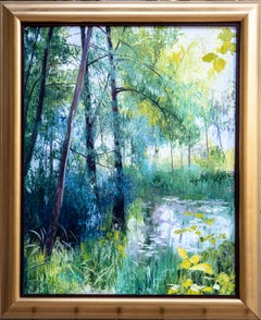 Peinture de paysage impressionniste à l'huile sur toile "Un endroit tranquille dans la forêt".