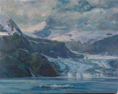 "Ocean Landscape with Mountains and Glacier" Original Mid-Century Oil Painting