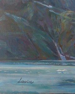 "Ocean Landscape with Mountains and Glacier" Original Mid-Century Oil Painting