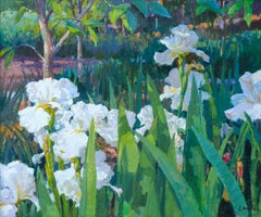 "Garden Scene with White Irises" Realistic Nature Painting of Flowers on Canvas