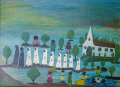 "Baptism in the River" American Folk Art Painting of Religious Ceremony, Signed