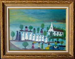 "Baptism in the River" American Folk Art Painting of Religious Ceremony, Signed