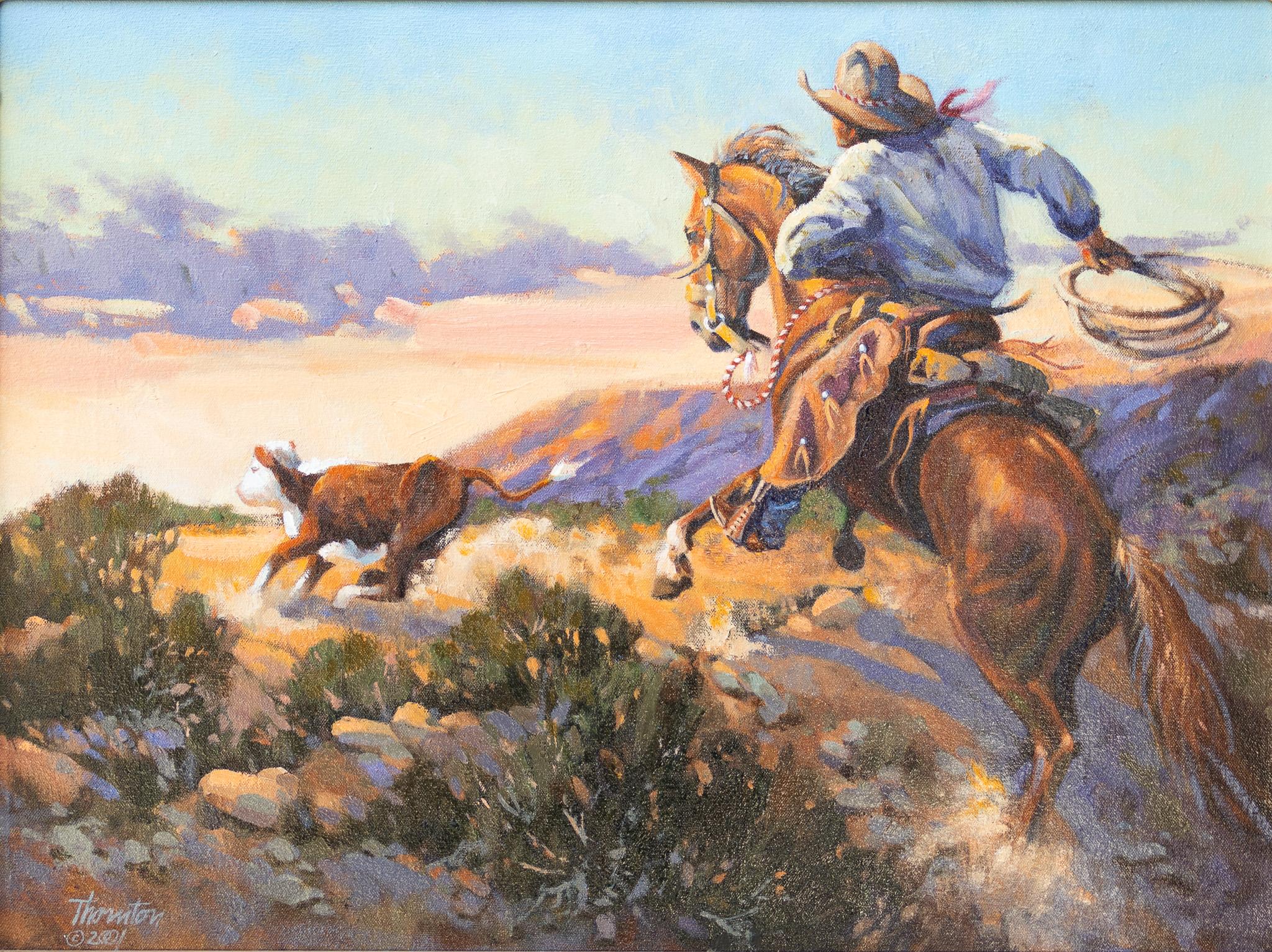 Gary Jack Thornton Figurative Painting - "Last Stray O' The Day" American Western Painting with Cowboy Horse Cow Lasso