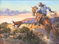 Used "Last Stray O' The Day" American Western Painting with Cowboy Horse Cow Lasso