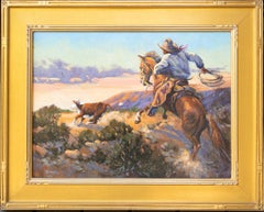"Last Stray O' The Day" American Western Painting with Cowboy Horse Cow Lasso