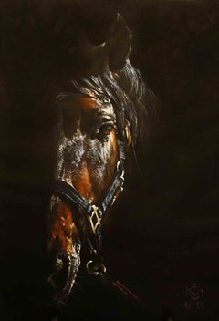 "Black Horse Portrait" Original, Signed Pastel Drawing of Andalusian Horse