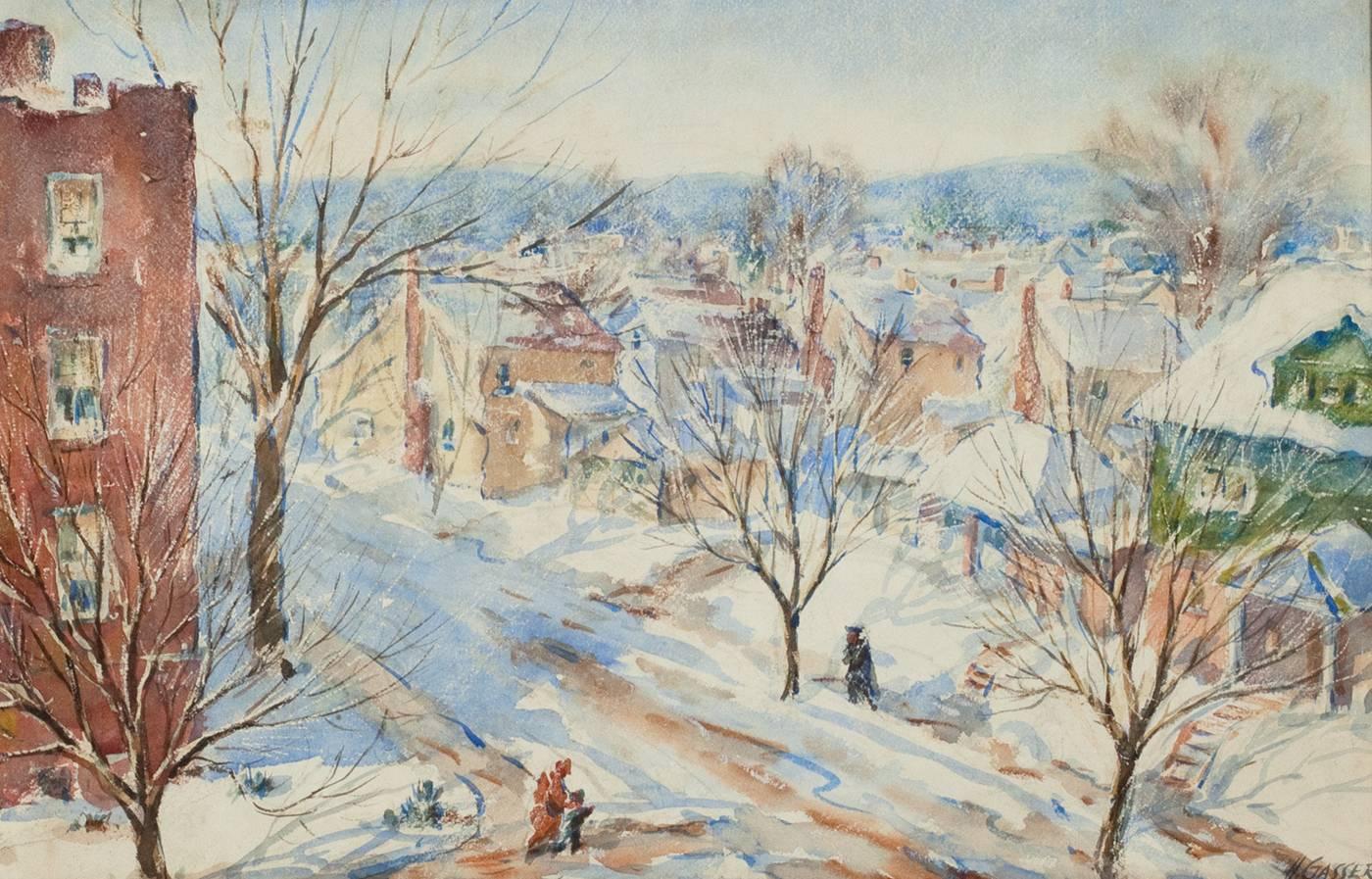 Henry Martin Gasser Landscape Painting - Newark Street Snow Scene in Sunlight with Figures