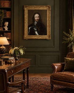 Retrato del rey Carlos I, con armadura, inspirado en Sir Anthony van Dyck, tallado y enmarcado