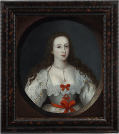 Jakobinisches Porträt einer Dame mit langen Haaren in einem weißen Kleid mit roten Schleifen, um 1620er Jahre