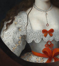 Jacobean Portrait of a Lady with Long Hair in White Dress with Red Bows c.1620s