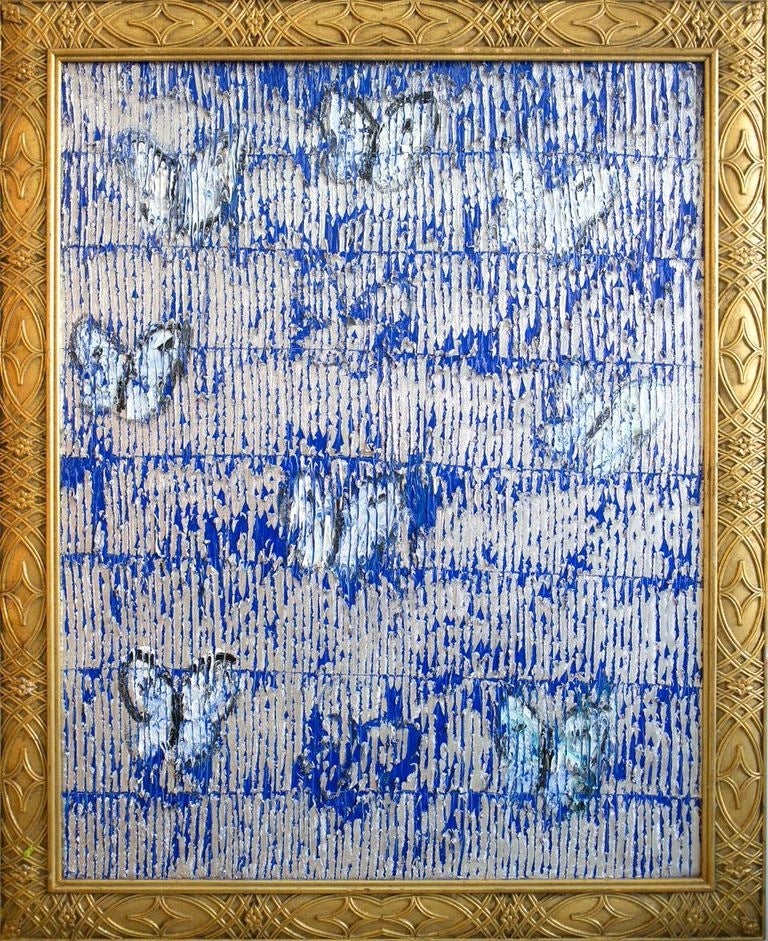 White butterflies on blue and silver - Painting by Hunt Slonem
