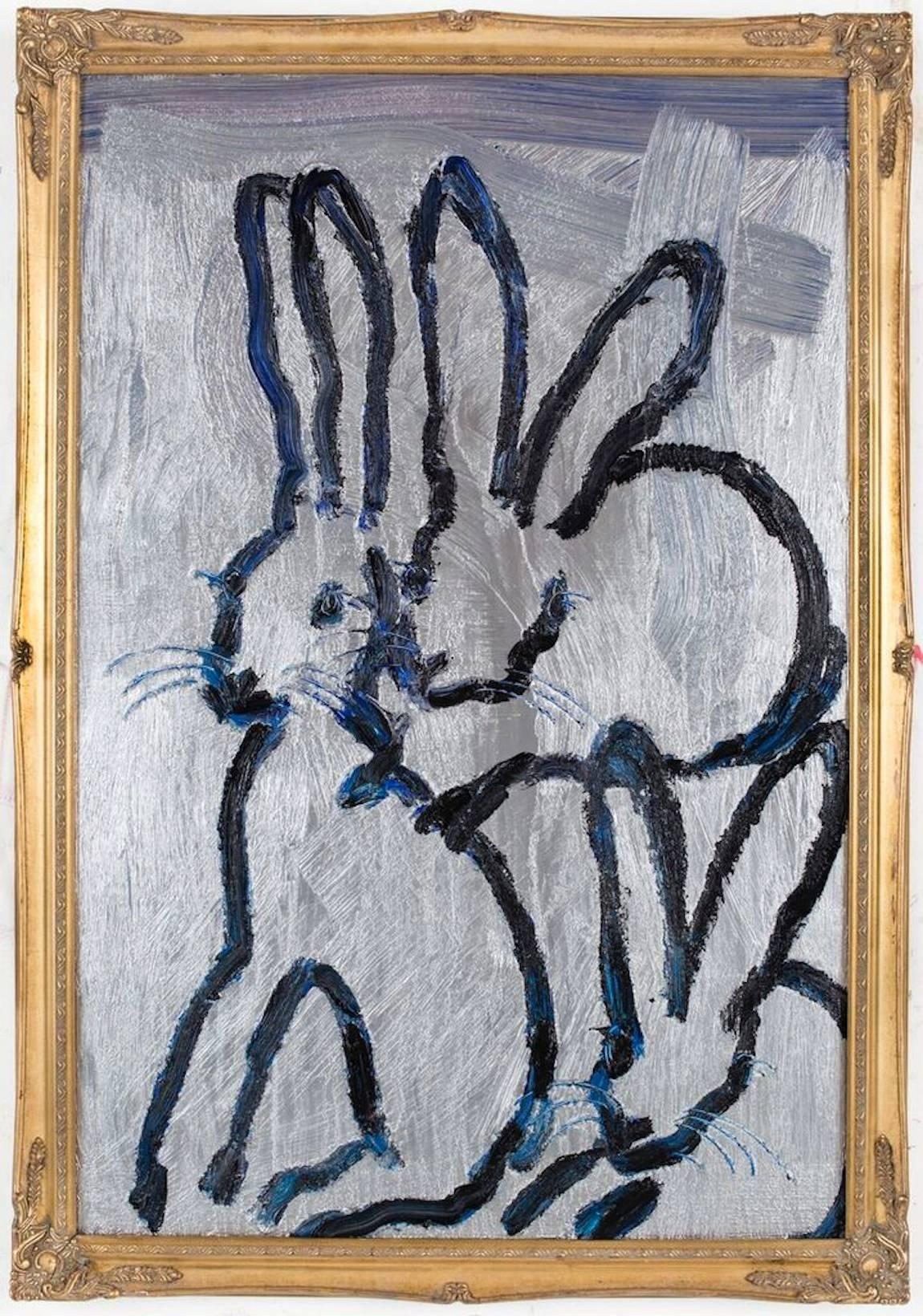Dark blue bunnies on metallic silver - Painting by Hunt Slonem