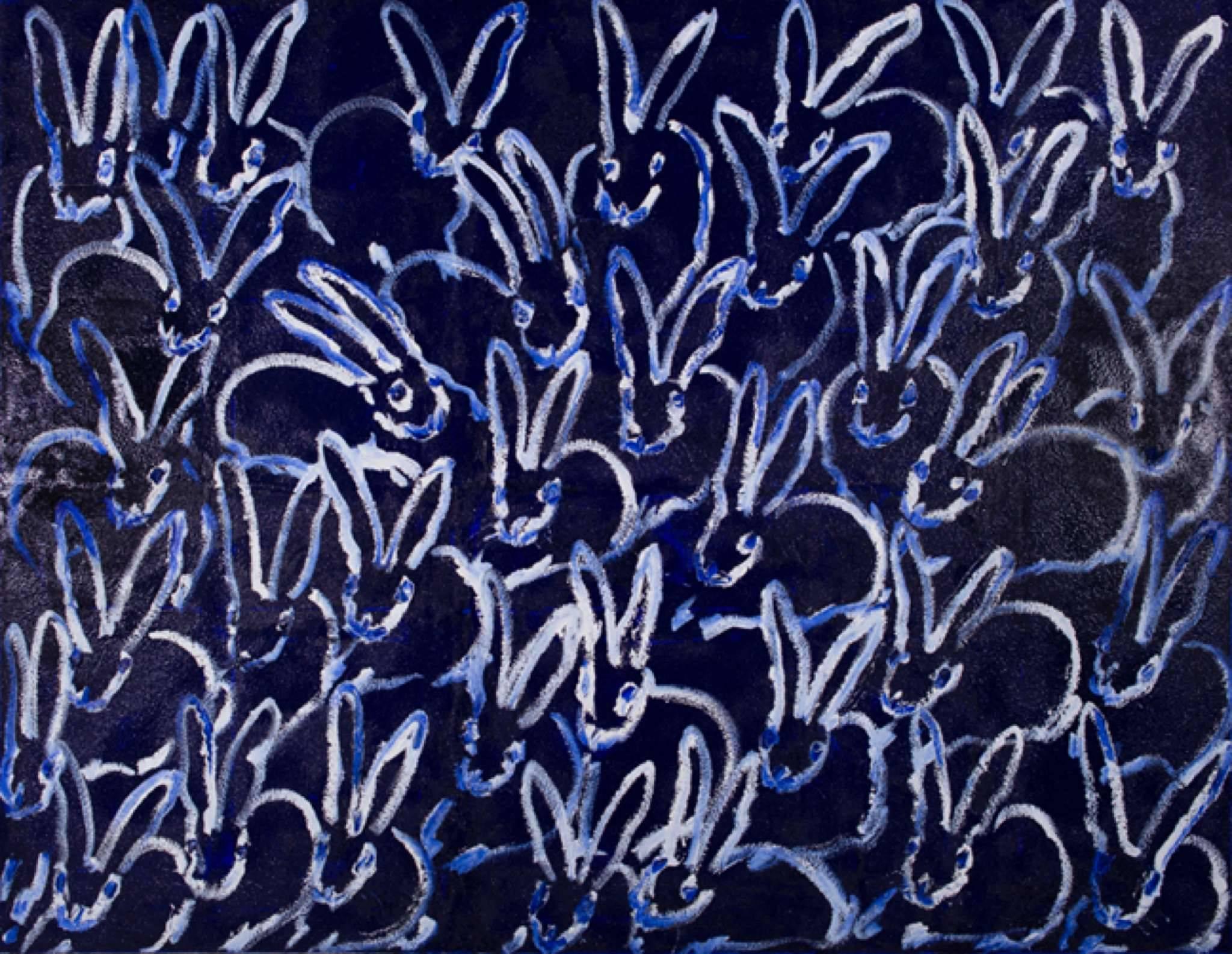 Bunnies on dark blue diamond dust - Painting by Hunt Slonem