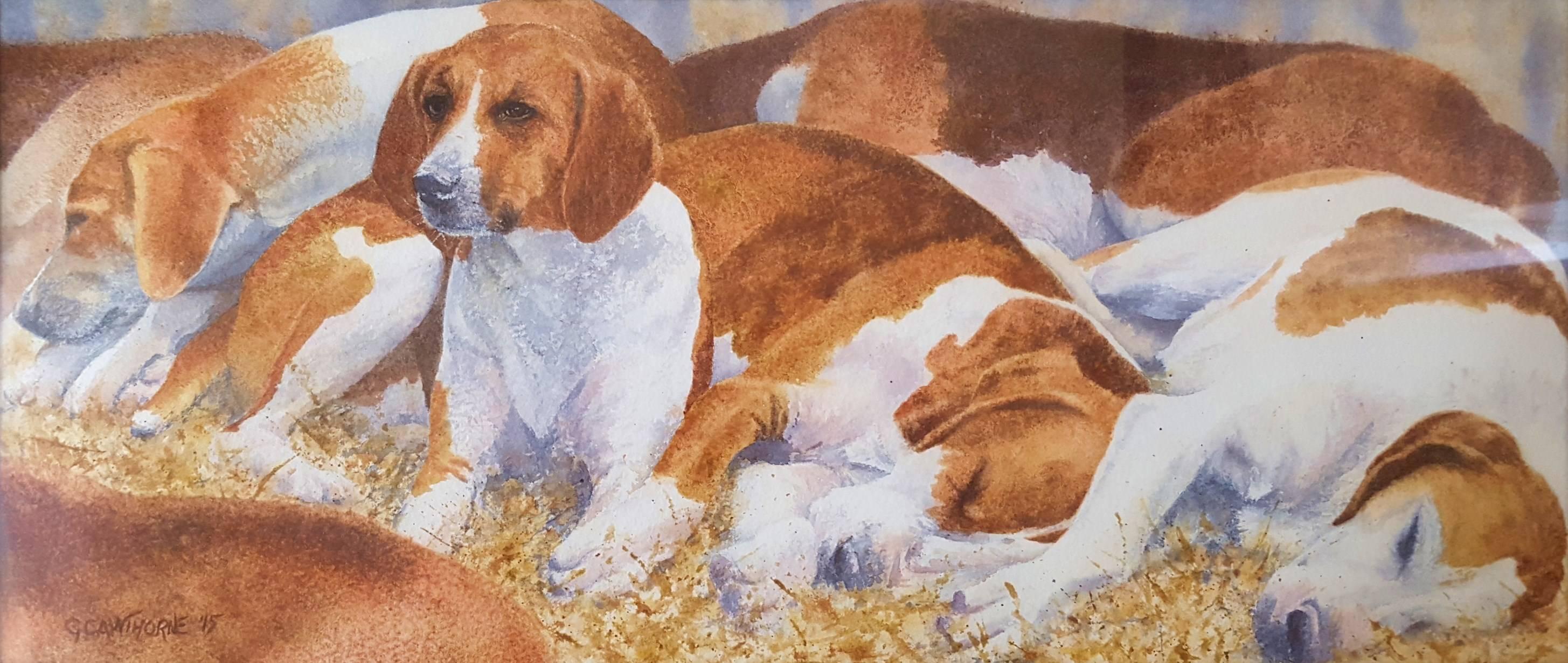 Artist: Gillie Cawthorne (English, 1963-)
Title: "Sleeping Hounds"
*Signed and dated by Cawthorne lower left
Year: 2015
Medium: Original Watercolor on paper
Framing: Framed with moulding from Spain and double matted with matting from Holland. All