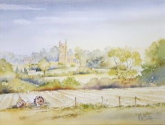Retro Greatford, Somerset /// Contemporary British Watercolor Church City Scene Town