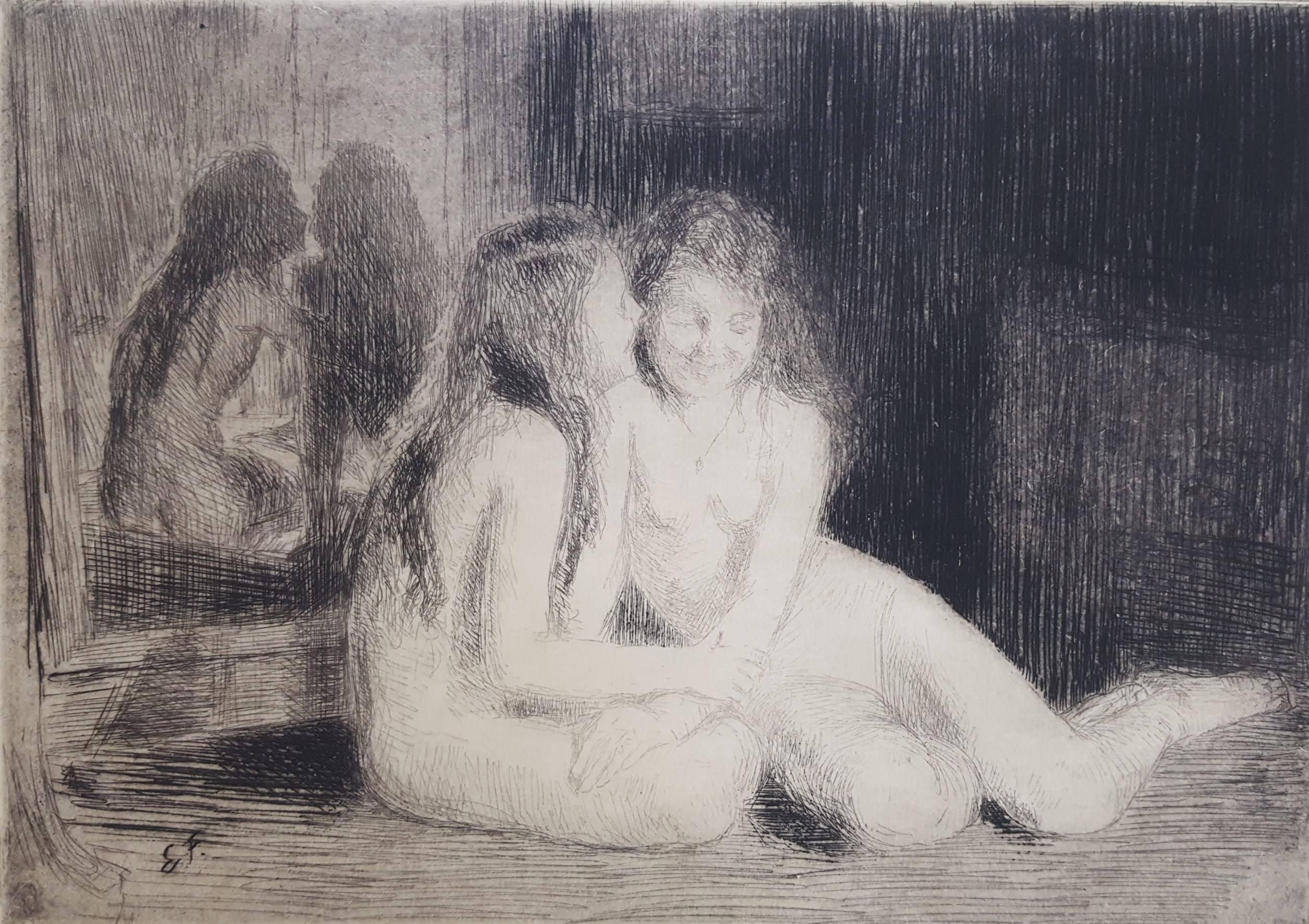 Emil Fuchs Nude Print – Confidences /// Antike moderne Radierung Figurative Nackte Mädchen Impressionistischer Druck