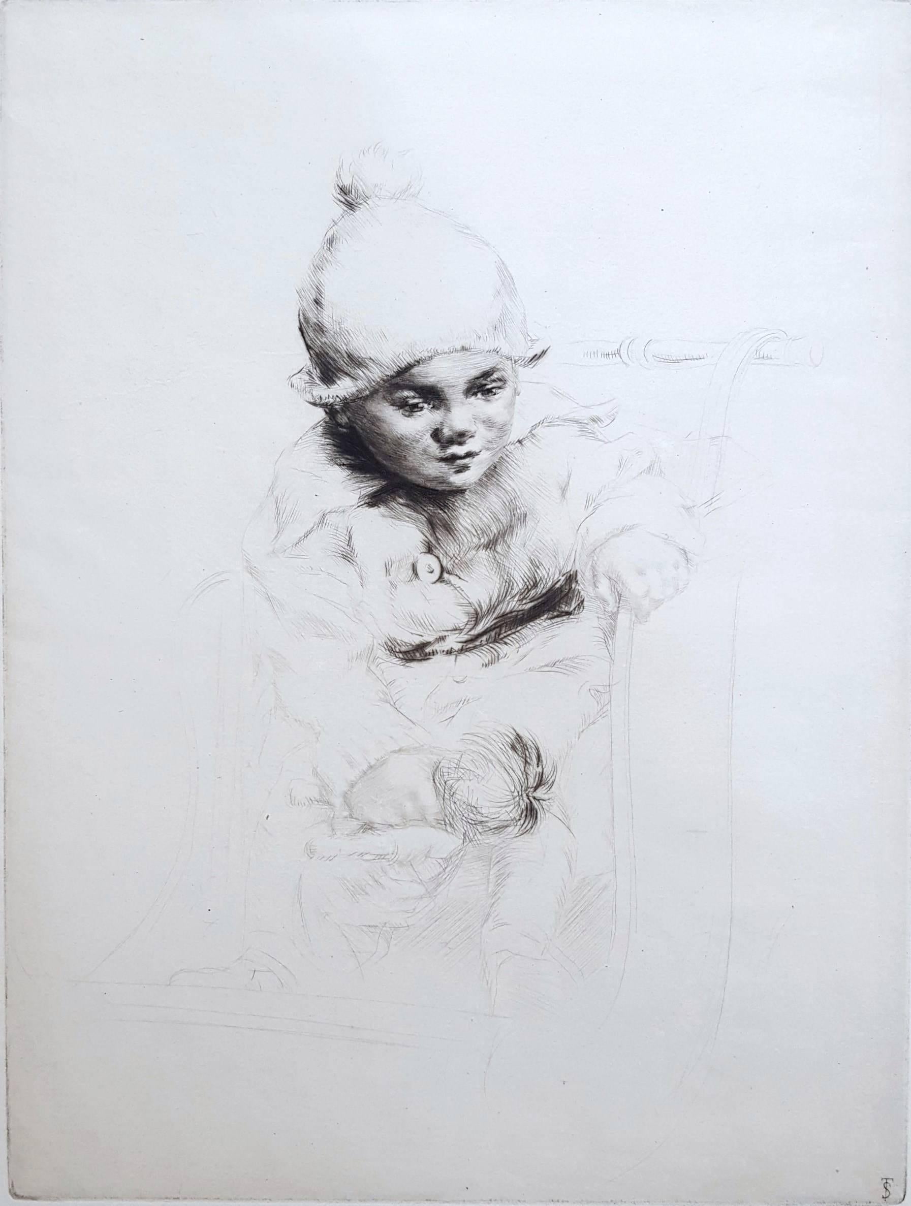 Sidney Tushingham Portrait Print – Peggy /// Antike viktorianische Radierung Portrait Figurative britische Kinder Kind 