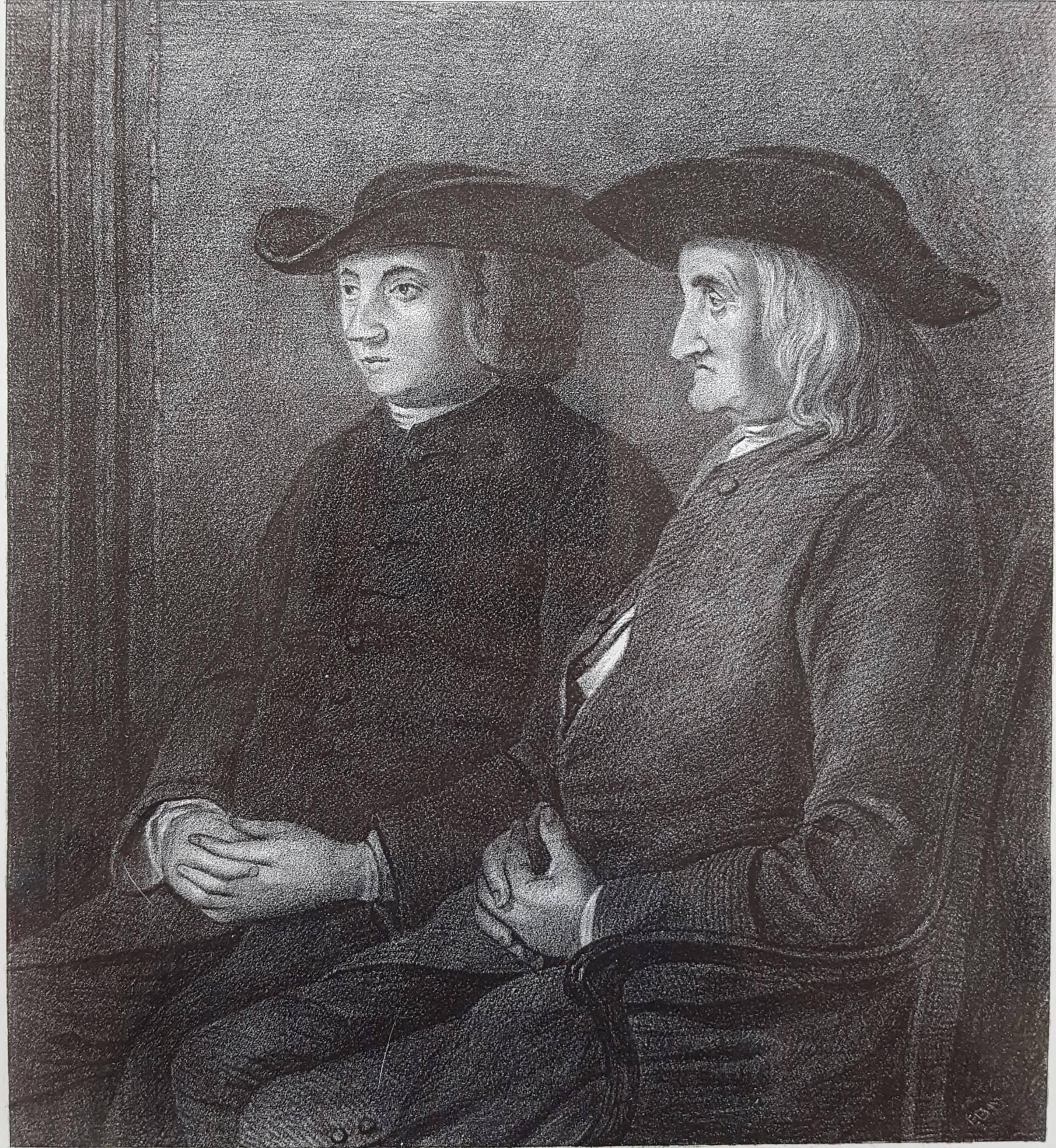 An original lithograph after American artist Benjamin West (1738-1820) titled "The Father and Brother of Benjamin West" from "The Family Picture" series, 1873. This original print was hand drawn on stone by English artist E.H. Mitchell in 1873. Full