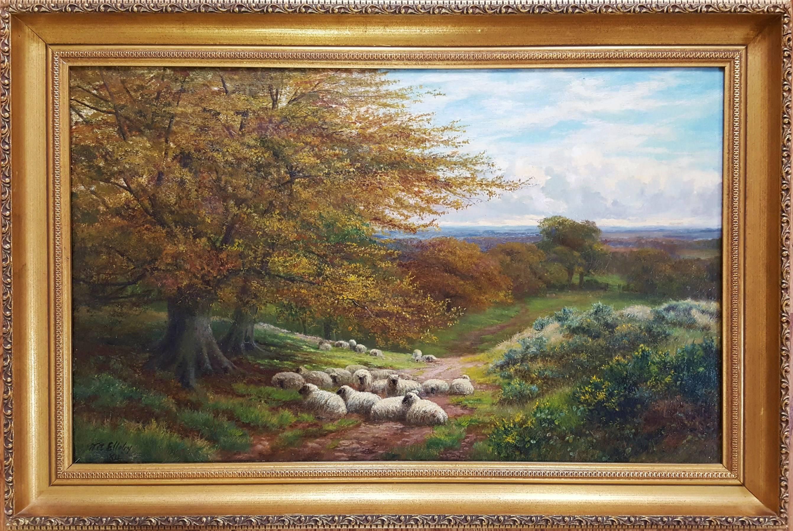 William Alfred Elleby Landscape Painting - Fall Landscape with Sheep Resting