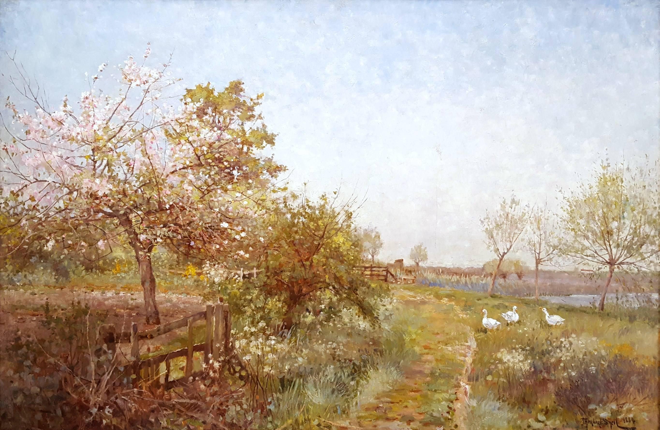 James Hurbert Snell Landscape Painting - Cherry Blossoms and Geese Landscape