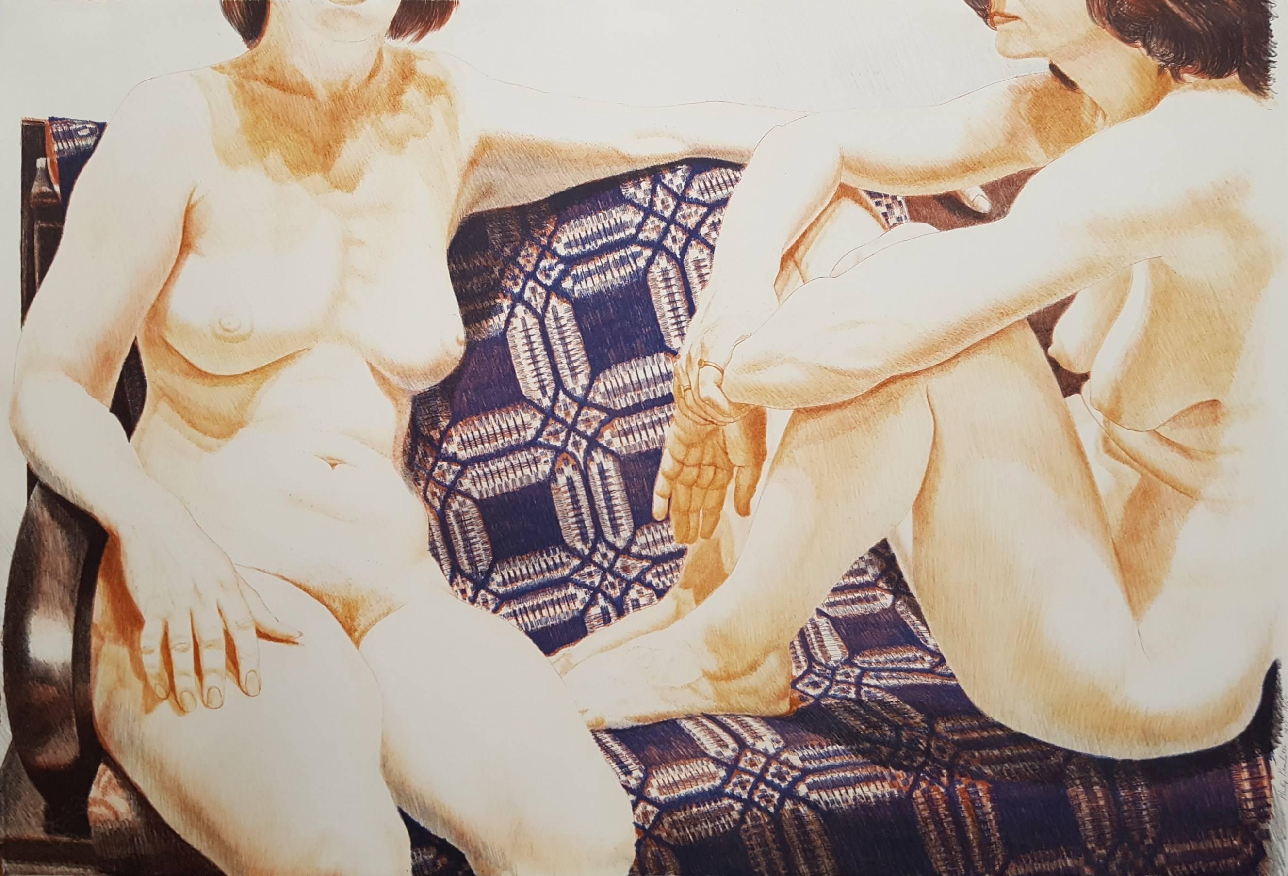 Philip Pearlstein Nude Print - Two Nudes on Blue Coverlet