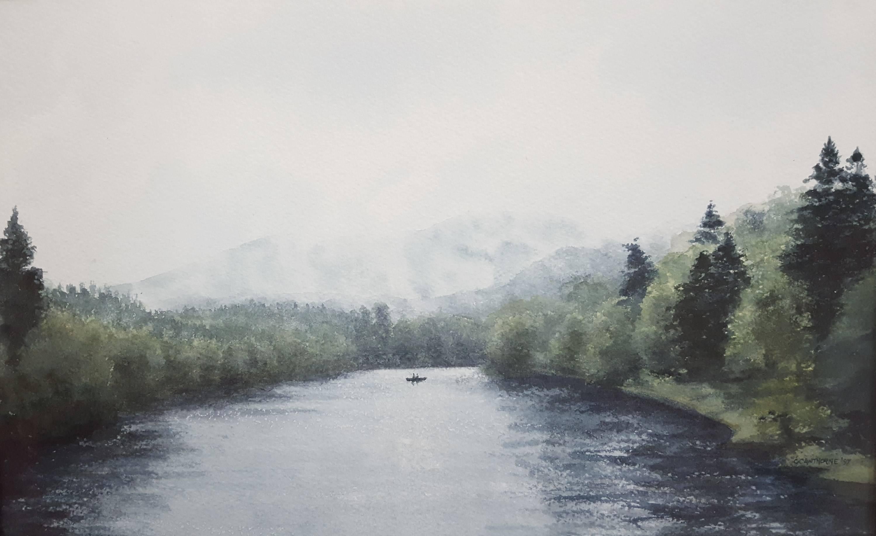 Gillie Cawthorne Landscape Art - Fishing on the River Tay, Scotland