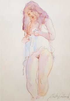 Vintage Nude in Negligee /// Contemporary Female Artist Watercolor Figurative Nude Lady