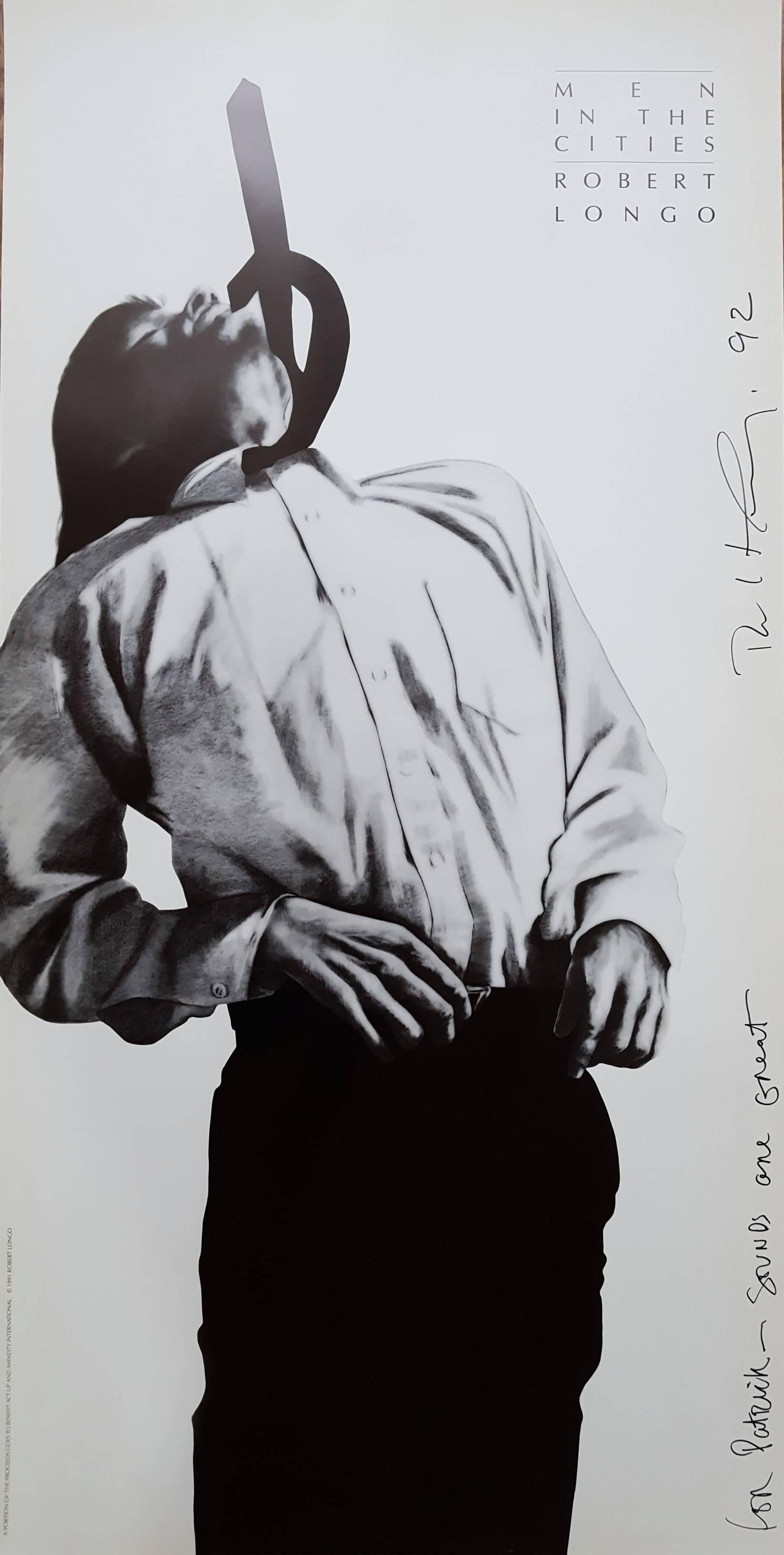 A signed vintage offset-lithograph exhibition poster on heavy paper stock after American artist Robert Longo (1953-) titled &quot;Men in the Cities: Eric&quot;, 1991. Hand marker signed by Longo and dedicated along the right margin. Edition size