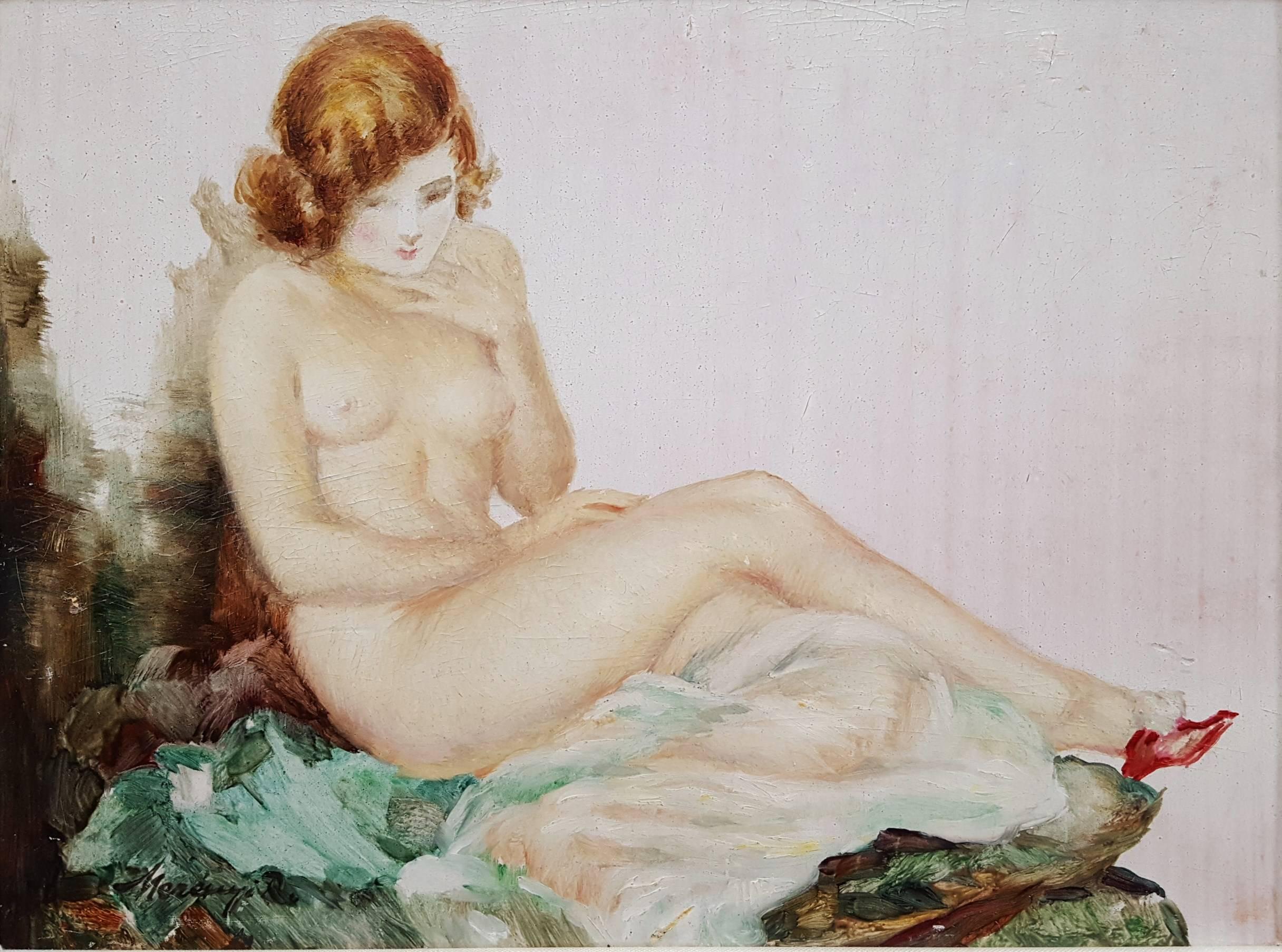 Rezsoe Merenyi Nude Painting - Reclining Nude /// Antique Figurative Woman Lady Oil Painting Hungarian European