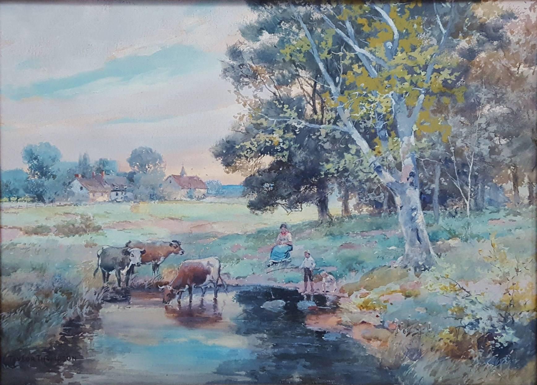 Taylor Thompson Landscape Painting - Children with Cows on English Farm Landscape