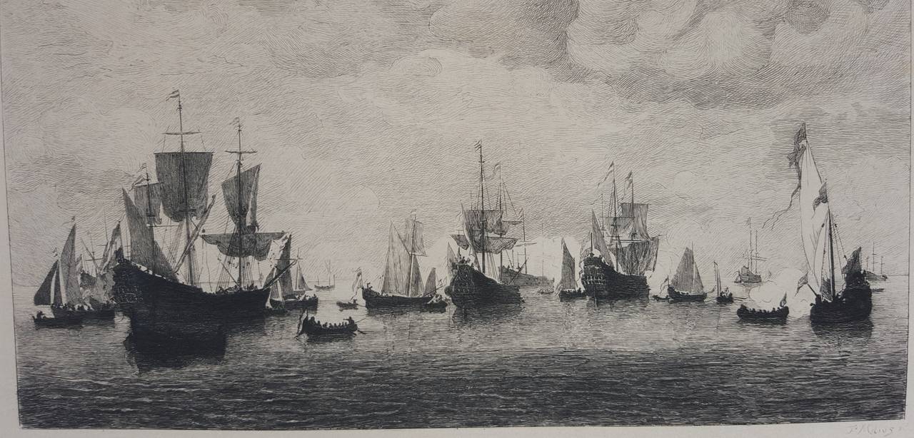 An original unframed etching by French artist Felix Augustin Milius (1843-1894) after Dutch artist Wilhelm van de Velde's (1633-1707) painting, 1883. Image size: 6.5