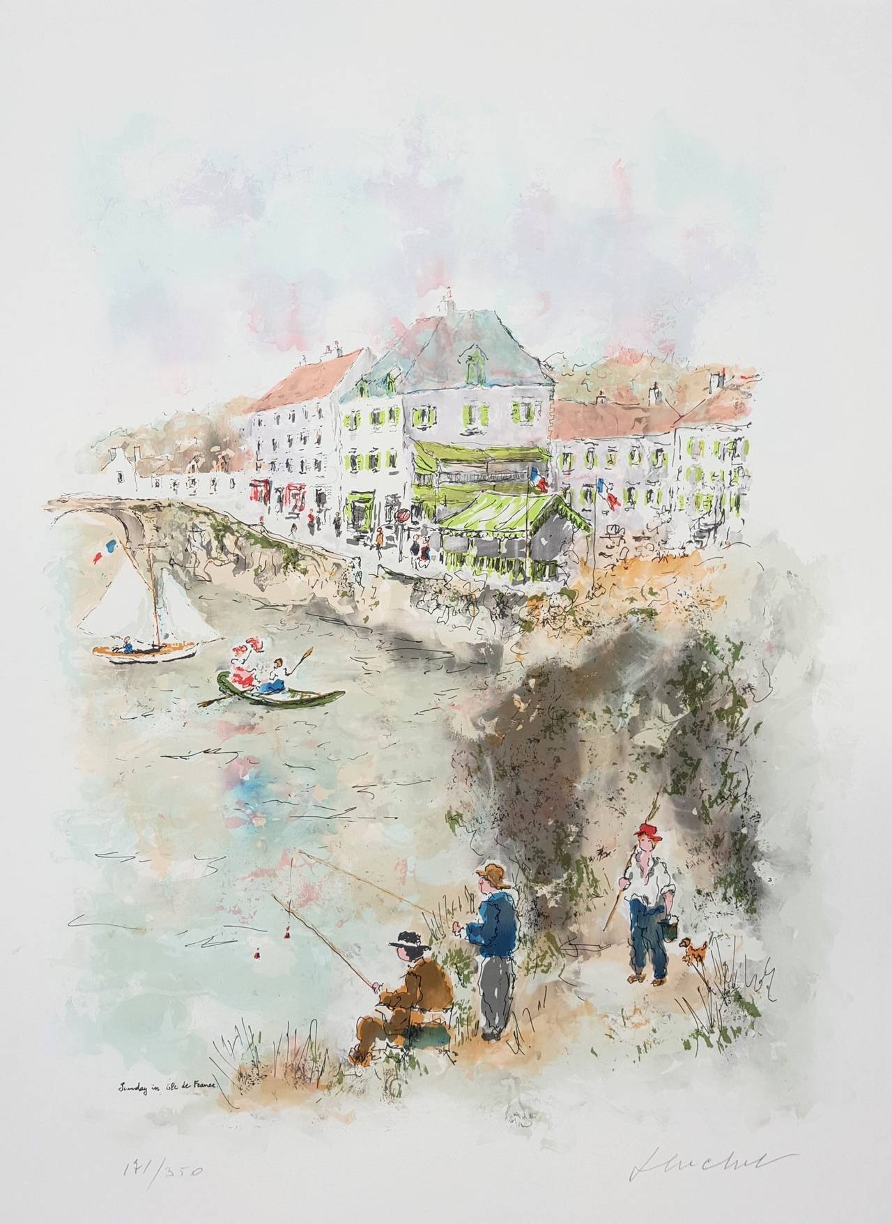 Sunday in the Isle de France /// Contemporary City Street Scene River People Art - Print by Urbain Huchet
